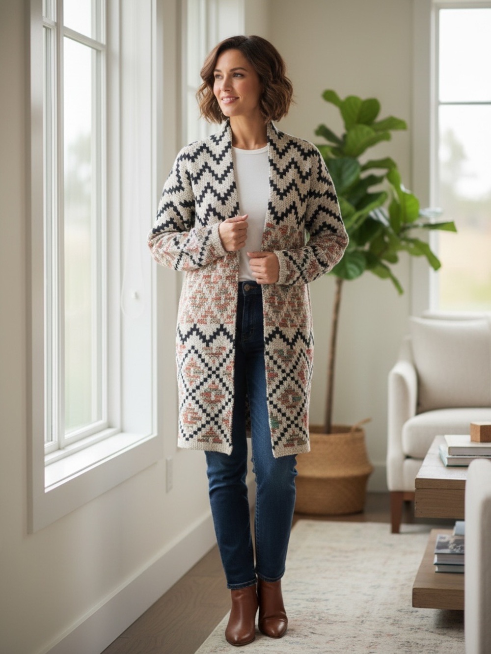 Dreamers knit open front abstract western long sleeve cardigan size small/medium